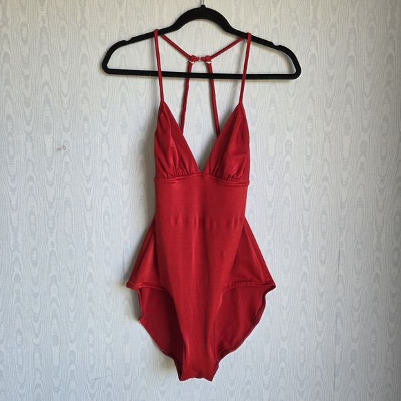 Vtg 80s 90s Malibu M/L Swimsuit One Piece Red Open Back Halter Racerback Retro - Picture 2 of 12